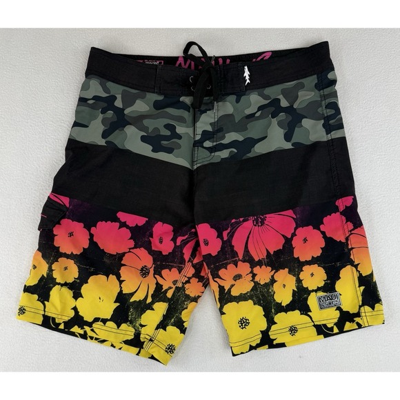 MAUI and Sons Black 4‎ Way Stretch Shark Mens 34 Board Shorts Camo Floral - Picture 1 of 14